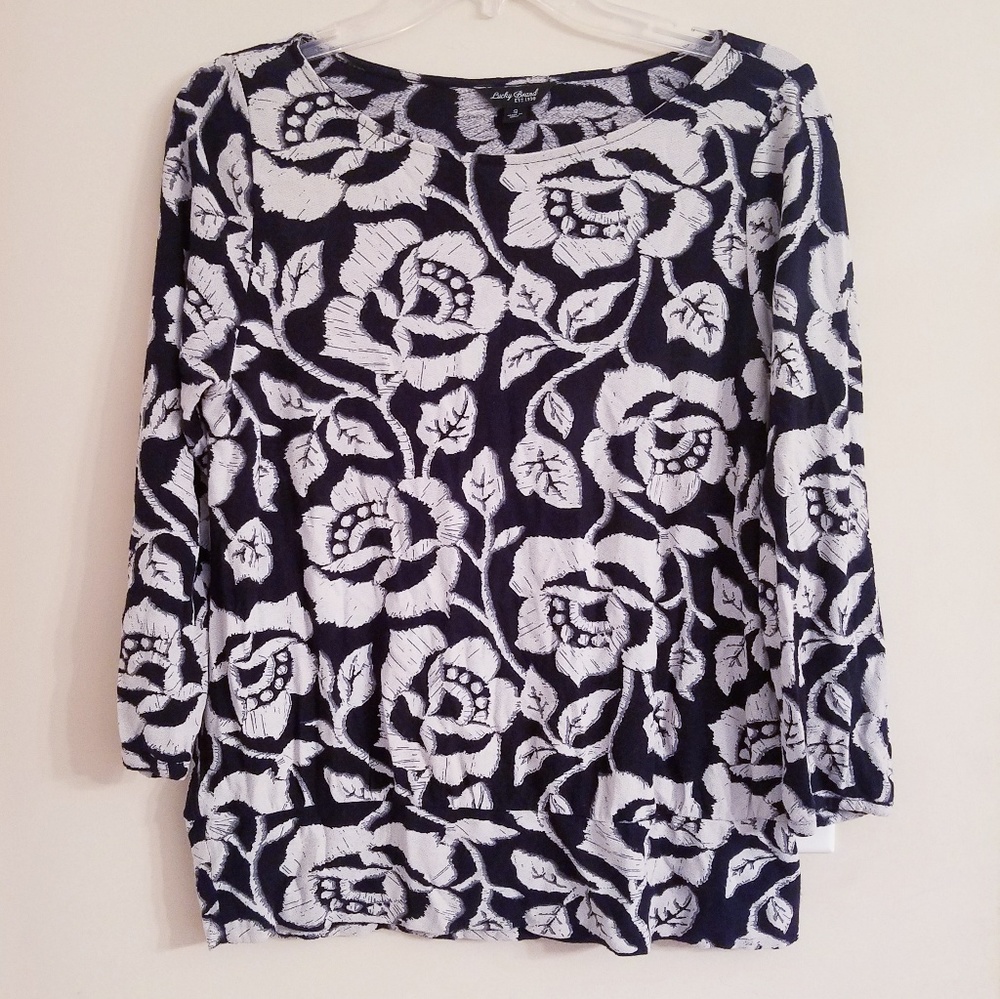 Lucky Brand Navy & Cream Rose Top - Size Small